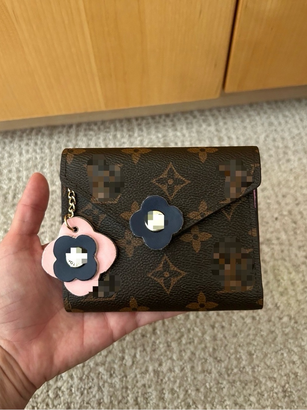 Monogram Compact Brown Wallet with Pink & Navy Flower Charm